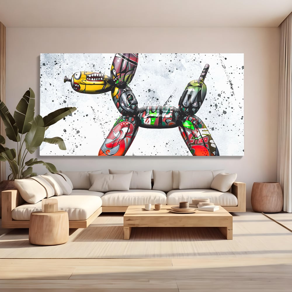 Tablou canvas cu tablou canvas caine din baloane stil grafitti, fara rama, pe sasiu de lemn, pe perete intr-un living